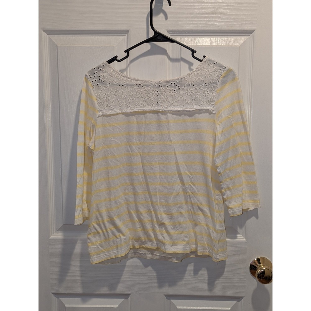 Coastal Cottagecore Eyelet Lace Striped Boho Top Yellow White Size S